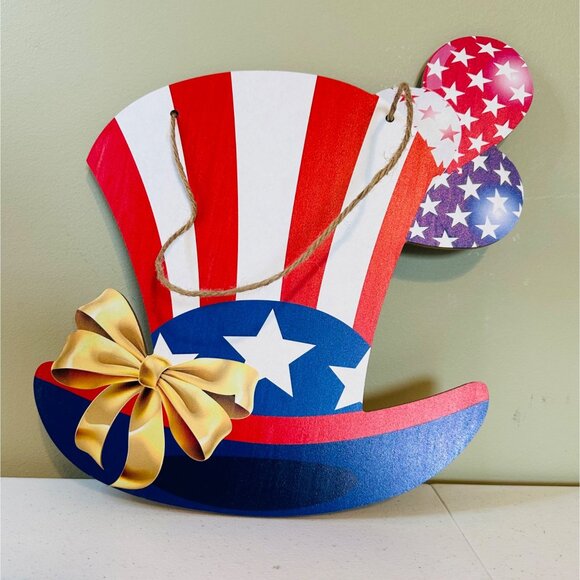 Patriotic Uncle Sam Hat with Ribbon Door Hanger Fourth of July decoration sign - Picture 1 of 6